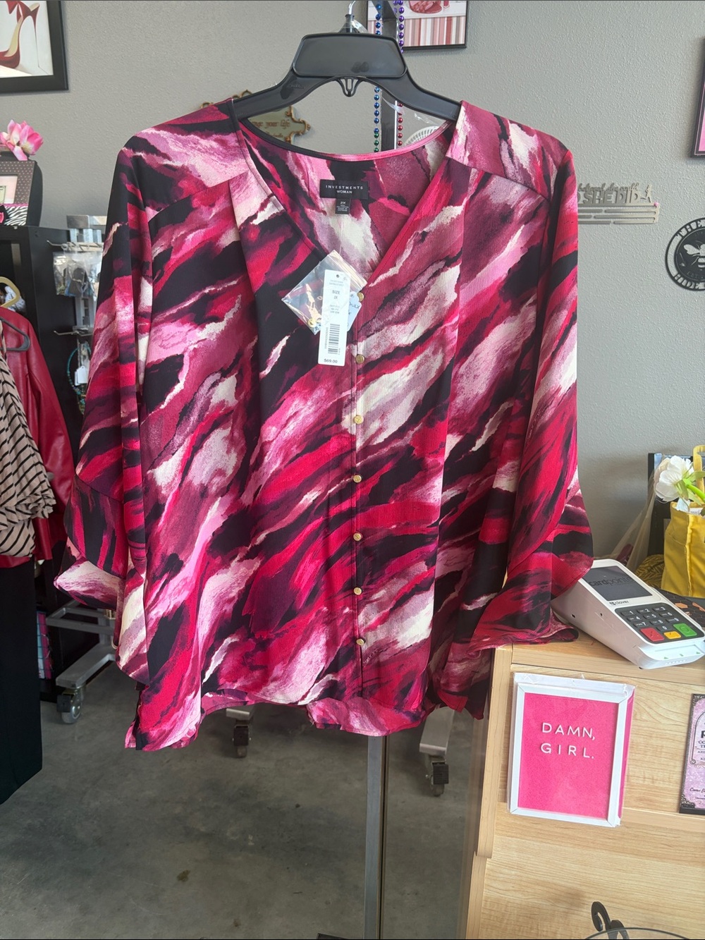 Worthington Fuchsia Abstract V-Neck Button Blouse